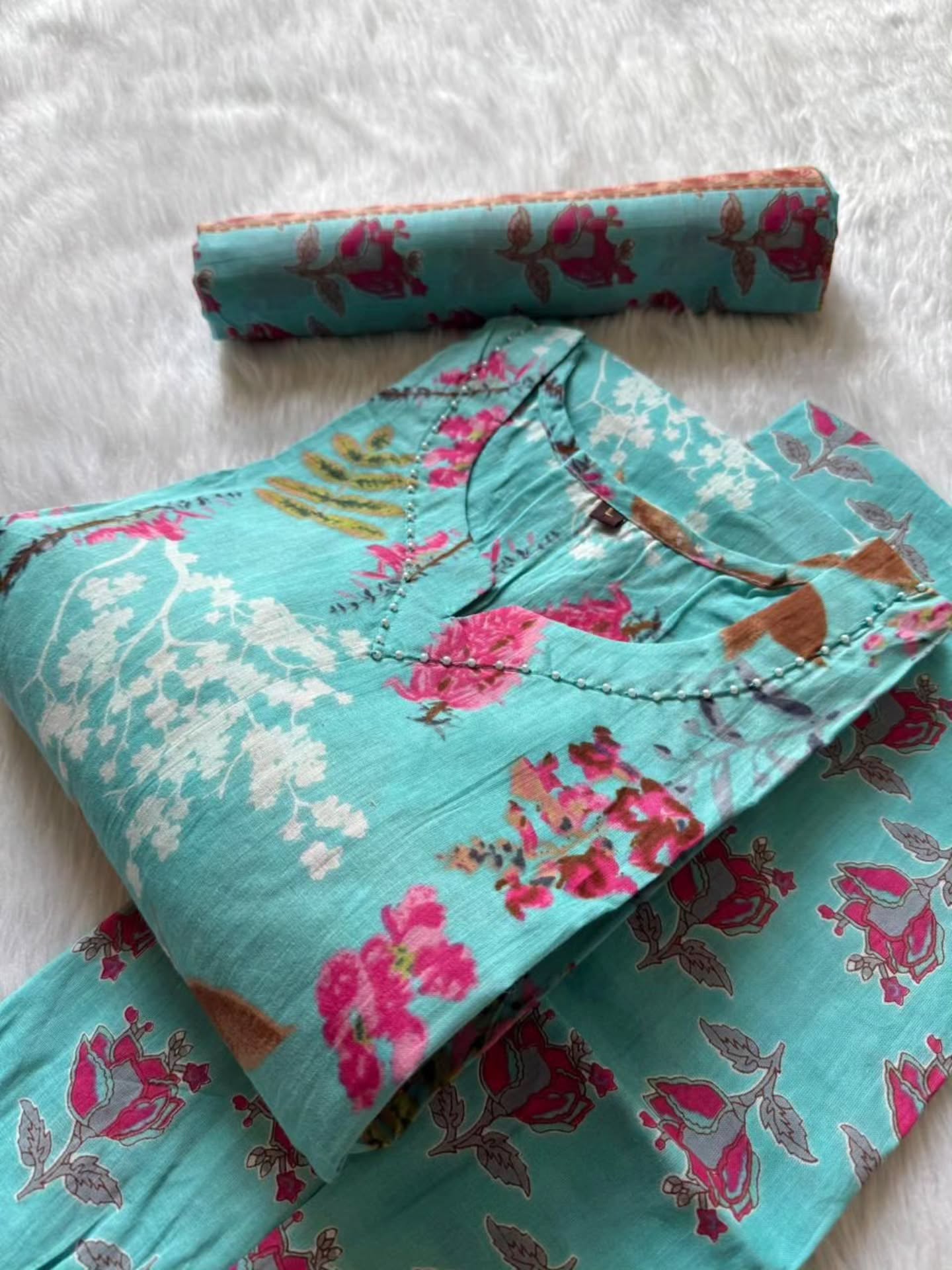 Aqua floral cotton kurti, trousers and dupatta set