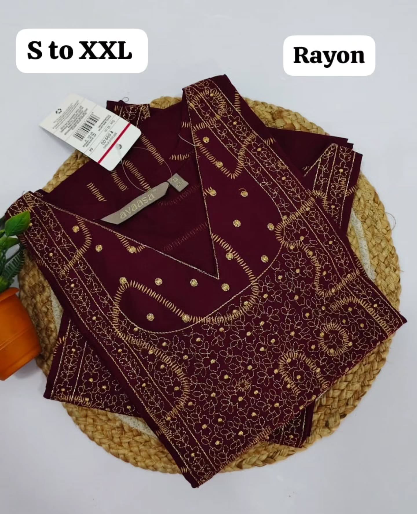 Wine embroidered rayon kurti from Chennai Kurti’s